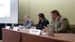 (Left to right) Bill Minear of TruSys, Carlos Pinel of Cisco Systems and Mike Faddis of Microsoft provide input to manufacturers, end users and other attendees at the 2011 ASIS conference informational breakfast. (Left to right) Bill Minear of TruSys, Carlos Pinel of Cisco Systems and Mike Faddis of Microsoft provide input to manufacturers, end users and other attendees at the 2011 ASIS conference informational breakfast.
