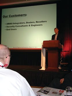 Robert Sawyer, president of AMAG Technology Inc., Torrance, Calif., addresses attendees at the 11th Annual Engineering Symposium in Florida this week. Robert Sawyer, president of AMAG Technology Inc., Torrance, Calif., addresses attendees at the 11th Annual Engineering Symposium in Florida this week.