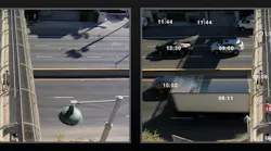 The first scene is a normal video surveillance screen capture. The second displays all of the moving activity within a specified timeframe using BriefCam’s Video Synopsis.