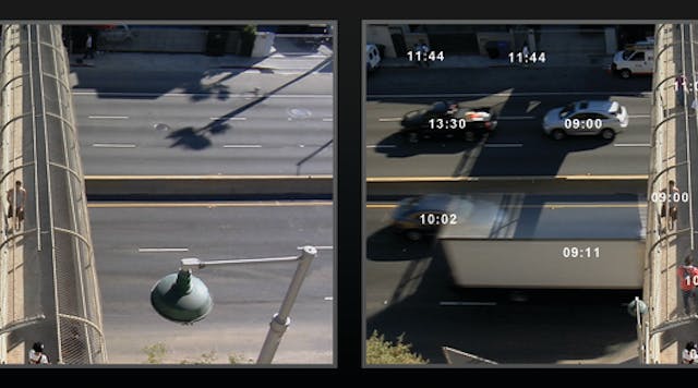 The first scene is a normal video surveillance screen capture. The second displays all of the moving activity within a specified timeframe using BriefCam&rsquo;s Video Synopsis.