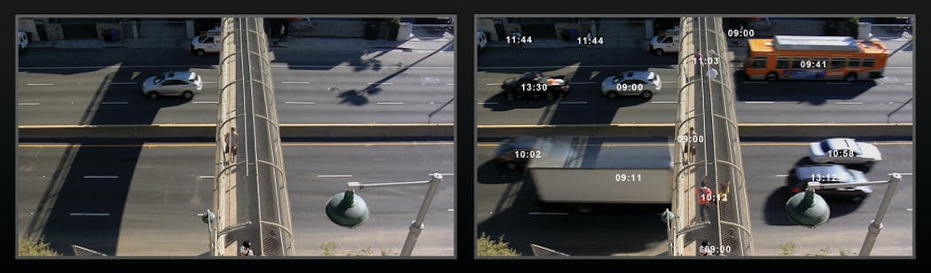 The first scene is a normal video surveillance screen capture. The second displays all of the moving activity within a specified timeframe using BriefCam&rsquo;s Video Synopsis.