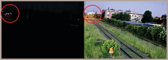 Nighttime images from a conventional camera (left) look like they were streamed through a blindfold; those same images coming from a network camera equipped with Lightfinder technology (right) look like they were streamed in full daylight.