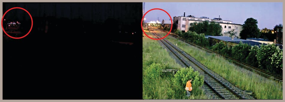 Nighttime images from a conventional camera (left) look like they were streamed through a blindfold; those same images coming from a network camera equipped with Lightfinder technology (right) look like they were streamed in full daylight.