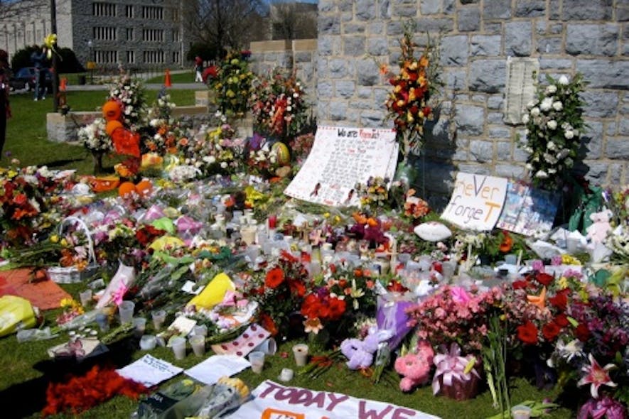 A memorial placed on the drill field following the 2007 Virginia Tech massacre.