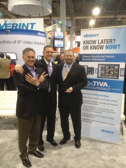 X7 Systems Integration, Fairfax, Va., ranked No. 9 in the SD&amp;I Fast50 this year and No. 5 in the program last year. The company also received the Verint Partner Excellence award for 2011, presented at ISC West 2012 in Las Vegas. From left to right: Steve Foley, senior vice president of Verint; Derek Radoski, vice president of X7; and David Taylor, chief executive officer of X7.