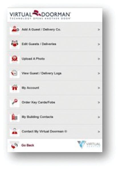 A screenshot of the Virtual Doorman &apos;On the Go&apos; mobile app.