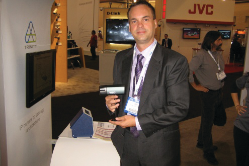 Innovative Security Designs CEO Ian Johnston shows off his company's Jaguar camera at ASIS 2012.