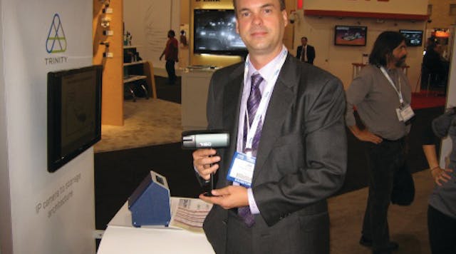 Innovative Security Designs CEO Ian Johnston shows off his company&apos;s Jaguar camera at ASIS 2012.