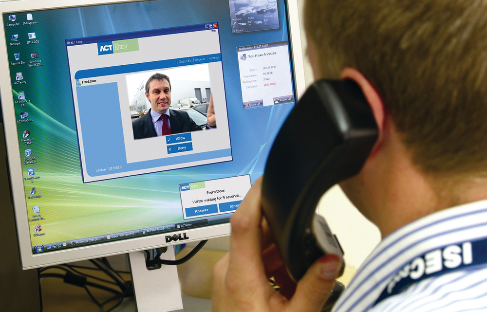 ACTentry V-IP allows any staff member on a computer network to receive video and audio over IP directly to their computer in order to screen visitors at a building entrance and then grant or deny them access.
