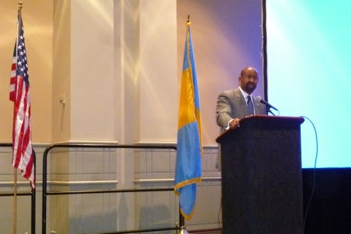 Philadelphia Mayor Michael A. Nutter delivers the keynote address at the Secured Cities conference on Wednesday.