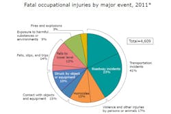 This graphic from the U.S. Bureau of Labor Statistics shows the breakdown of fatal workplace injuries in the U.S. in 2011. Workplace violence accounted for nearly 17 percent of all fatal work injuries in 2011, according to these preliminary findings.
