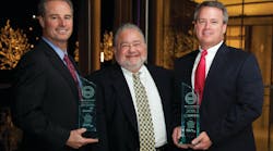Devon Energy Security Director Kent Chrisman (left) and Jeff Fields, General Manager of integrator Dowley Security Systems (right), accept the 2012 STE Security Innovation Awards gold medal from Editorial Director Steve Lasky (middle).