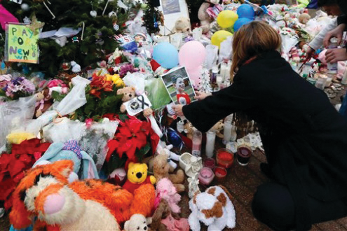 A memorial setup for the victims of the mass shooting at Sandy Hook Elementary School in Newtown, Conn.