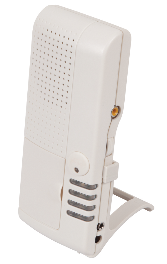 When receiver detects tripped site, it sounds programmable voice messages to alert which transmitter activated.