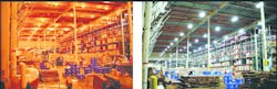 Figure 1 illustrates the comparison of traditional lighting — a mixture of fluorescent and high-pressure sodium (HPS) lamps — and white LED lighting in a warehouse application. Figure 1 illustrates the comparison of traditional lighting — a mixture of fluorescent and high-pressure sodium (HPS) lamps — and white LED lighting in a warehouse application.