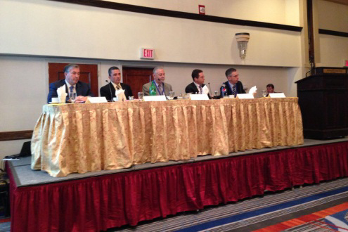 From l-r: Michael Balboni, former New York state senator; Donald R. Flynn, principal of Covert Investigations & Security, Inc.; Dr. Alan Groveman, superintendent of Connetquot Central School District; David Antar, president of A+ Technology & Security Solutions, Inc.; and, Dr. Thomas Rogers, district superintendent & CEO, Nassau County BOCES Boart of Education, speak at the 2013 School Safety Forum in Melville, N.Y. on Wednesday, Jan. 9.