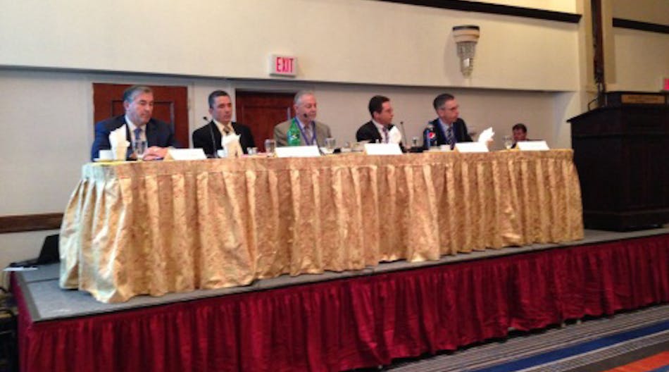 From l-r: Michael Balboni, former New York state senator; Donald R. Flynn, principal of Covert Investigations &amp; Security, Inc.; Dr. Alan Groveman, superintendent of Connetquot Central School District; David Antar, president of A+ Technology &amp; Security Solutions, Inc.; and, Dr. Thomas Rogers, district superintendent &amp; CEO, Nassau County BOCES Boart of Education, speak at the 2013 School Safety Forum in Melville, N.Y. on Wednesday, Jan. 9.