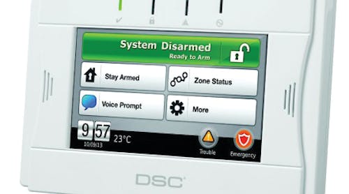 DSC&apos;s new 2-Way Wireless TouchScreen Arming Station (WTK5504).