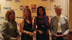 (L to R) Present to receive their WSC Women of the Year awards were Pam Petrow, Vector Security; Martha Entwistle, Security Systems News; Mary Jo Cornell, Linstar Inc.; and Karen Evans, Sielox, at the 2nd annual event held at ISC West and Pinot Brasserie.