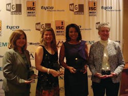 (L to R) Present to receive their WSC Women of the Year awards were Pam Petrow, Vector Security; Martha Entwistle, Security Systems News; Mary Jo Cornell, Linstar Inc.; and Karen Evans, Sielox, at the 2nd annual event held at ISC West and Pinot Brasserie. (L to R) Present to receive their WSC Women of the Year awards were Pam Petrow, Vector Security; Martha Entwistle, Security Systems News; Mary Jo Cornell, Linstar Inc.; and Karen Evans, Sielox, at the 2nd annual event held at ISC West and Pinot Brasserie.