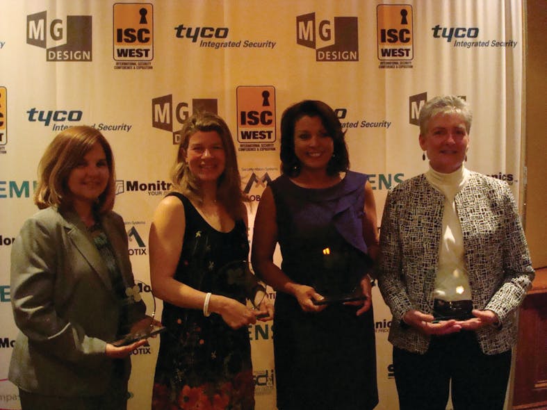 (L to R) Present to receive their WSC Women of the Year awards were Pam Petrow, Vector Security; Martha Entwistle, Security Systems News; Mary Jo Cornell, Linstar Inc.; and Karen Evans, Sielox, at the 2nd annual event held at ISC West and Pinot Brasserie.