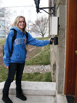A student at Villanova University in Philadelphia waves her smartphone at the reader to gain secure admittance to her building. A student at Villanova University in Philadelphia waves her smartphone at the reader to gain secure admittance to her building.