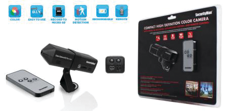 SmartCamDVR is a small high definition color camera with motion detection recording to a micro SD card (not included).