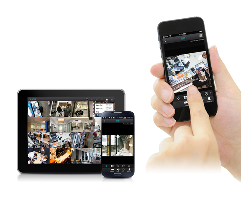 IDIS Mobile works over 3G, LTE and Wi-Fi connections, and allows users to view and control surveillance at remote sites from anywhere with an Internet connection.