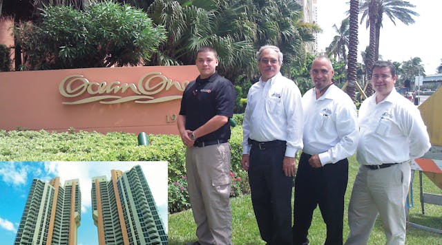 Daytona Broadband is currently engineering a video security upgrade proposal for the Ocean One Condominium in Sunny Isles Beach, Fla., partnering with Marksman Security: (L-R) Tony Llamas is an account executive with Marksman; Ron Poulin is the owner of Daytona Broadband; and Wilfredo Gomez and Robert Crooke are project managers.