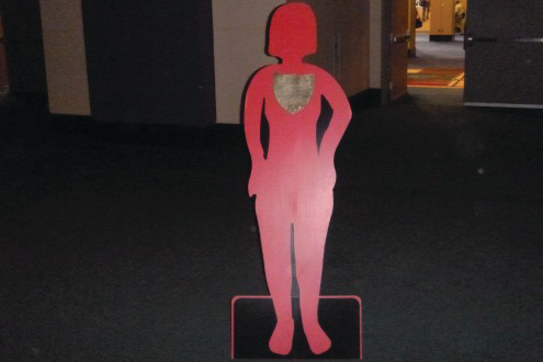 This silhouette, which represents a woman killed as result of domestic violence in the workplace, was one of several on display during an educational session on active shooter trends at ASIS on Tuesday.