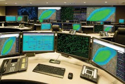 The ergonomic design of the Enterprise Security Command Center is strikingly evident. Everything is very well situated so that the operators can sit in a comfortable environment for long periods of time, and supervisors can have a clear view of operators and the activity displayed on the video wall. The ergonomic design of the Enterprise Security Command Center is strikingly evident. Everything is very well situated so that the operators can sit in a comfortable environment for long periods of time, and supervisors can have a clear view of operators and the activity displayed on the video wall.