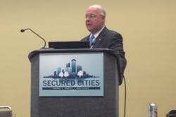 Lynn Mattice, president and founder of the National Economic Security Grid, addresses attendees at the Secured Cities conference on Thursday.