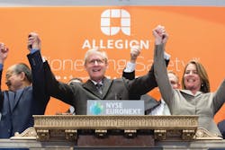 Dave Petratis (center) and other Allegion executies celebrate the ringing of the opening bell at the NYSE. Dave Petratis (center) and other Allegion executies celebrate the ringing of the opening bell at the NYSE.