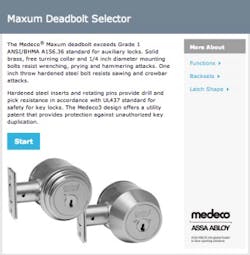 A screenshot of Medeco's new online Deadbolt Selector tool. A screenshot of Medeco's new online Deadbolt Selector tool.