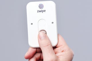 The Zwipe biometric card combines a contactless smart card credential with an on-card fingerprint scanner.