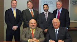 ASIS International signed a memorandum of understanding with the Deparment of Homeland Security Science and Technology Directorate this week. Standing (from l-r): Pete Ladowicz, DHS; Stephen Hancock, DHS; Oren Gruber, DHS; and Jack Lichtenstein, ASIS. Seated (from l to r): Dr. Keith Holtermann, DHS and Michael J. Stack, ASIS.