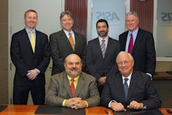 ASIS International signed a memorandum of understanding with the Deparment of Homeland Security Science and Technology Directorate this week. Standing (from l-r): Pete Ladowicz, DHS; Stephen Hancock, DHS; Oren Gruber, DHS; and Jack Lichtenstein, ASIS. Seated (from l to r): Dr. Keith Holtermann, DHS and Michael J. Stack, ASIS. ASIS International signed a memorandum of understanding with the Deparment of Homeland Security Science and Technology Directorate this week. Standing (from l-r): Pete Ladowicz, DHS; Stephen Hancock, DHS; Oren Gruber, DHS; and Jack Lichtenstein, ASIS. Seated (from l to r): Dr. Keith Holtermann, DHS and Michael J. Stack, ASIS.