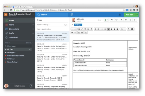 This screenshot shows how the Intellinote app can be used for a security inspection report.