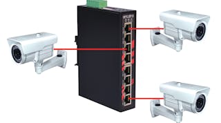 A PoE switch enables multiple surveillance cameras to all use a single power supply.