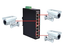 A PoE switch enables multiple surveillance cameras to all use a single power supply. A PoE switch enables multiple surveillance cameras to all use a single power supply.