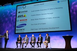 From l-r: Milestone&apos;s Christian Bohn moderates a state of the industry panel discussion with Arecont Vision&apos;s Scott Schafer, Samsung&apos;s Tom Cook, Bosch&apos;s Brian Wiser, Sony&apos;s Matt Soga and Axis Communications&apos; Fredrik Nilsson.