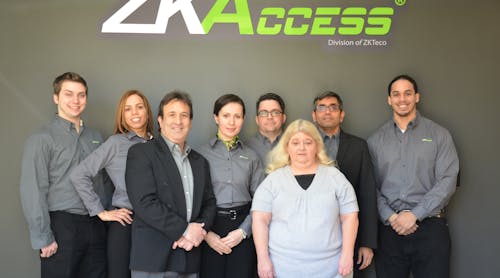 The ZKAccess Team (L-R): Cory Harrell - Support Engineer, Neysha Castillo - Sales Executive, Larry Reed - CEO, Olga Barbanel - Sales and Marketing Manager, Delmar Dossantos - Support Engineer, Sherry Zemanek - Accounting Manager, Manish Dalal - COO and Product Manager, and Michael Cabrera - Shipping and Logistics Coordinator.