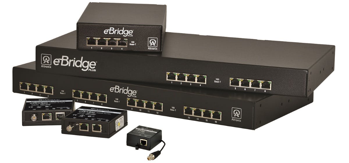 eBridge EoC solutions from Altronix provide a cost-effective means for end users to upgrade and expand their security and surveillance systems using existing coax to support PoE (IEEE 802.3af), PoE+ (IEEE 802.3at) and Hi-PoE cameras, accessories and access control devices.