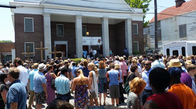 A memorial service at the site of the June Charleston, S.C., church shooting - one of several tragic incidents that have caused a reexamination of security for houses of worship and other &apos;soft targets.&apos;