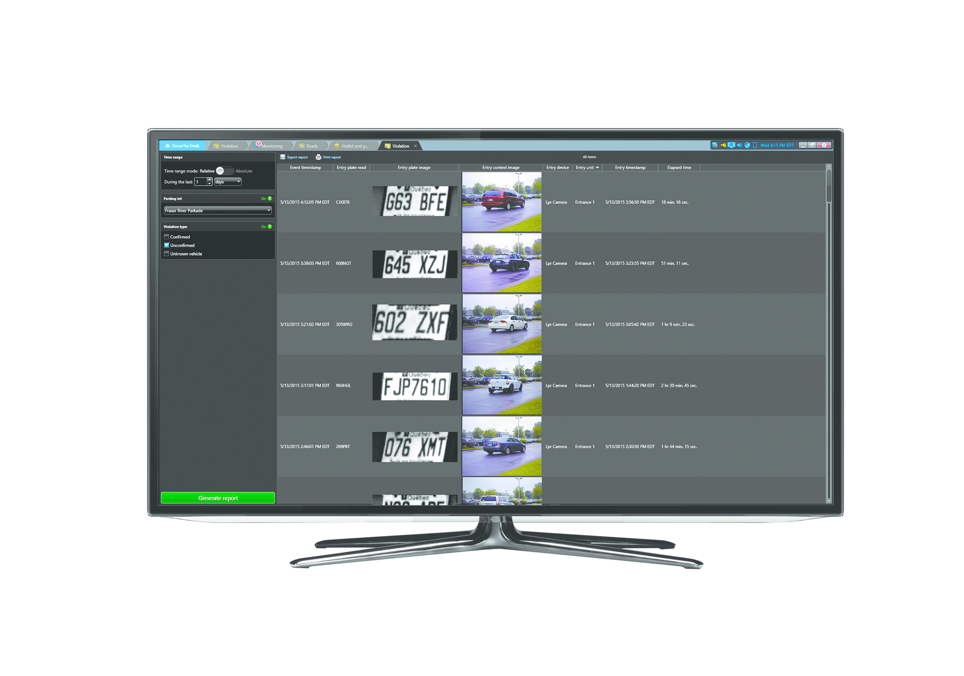 Genetec AutoVu Free-Flow records the license plate of vehicles entering and leaving each parking lot, and compares them to the list of payments received from connected pay-by-plate-enabled pay stations, permit management systems, and mobile apps. Vehicles that stay beyond their purchased parking period are flagged in a live report, highlighting violations awaiting enforcement.