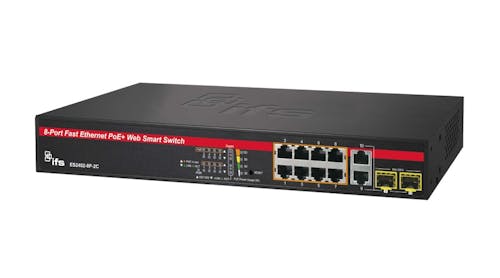 The new ES Series of Web smart PoE+ switches are a cost-effective network switch solution for small- to mid-sized IP-camera surveillance systems. Available in 8-, 16- or 24-port Fast Ethernet PoE+ configurations, the switches meet the need of providing Fast Ethernet ports for IP cameras with GigE ports for NVR/server connections.