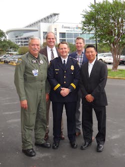 Some of the key players in the City of Houston/Harris County Datacasting project included, (L-R) Mark Foster, Houston Police Department Air Support Unit; Jack Hanagriff, City of Houston Office of the Mayor &amp; Homeland Security; Chief Mark Slinkard, Houston PD; Chriss Knisley of Haystax Inc.; and James Chong, CEO/President of Vidsys.