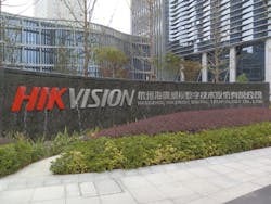 The sign outside the front entrance of Hikvision's headquarters in Hangzhou, China. The sign outside the front entrance of Hikvision's headquarters in Hangzhou, China.