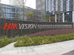 The sign outside the front entrance of Hikvision&apos;s headquarters in Hangzhou, China.