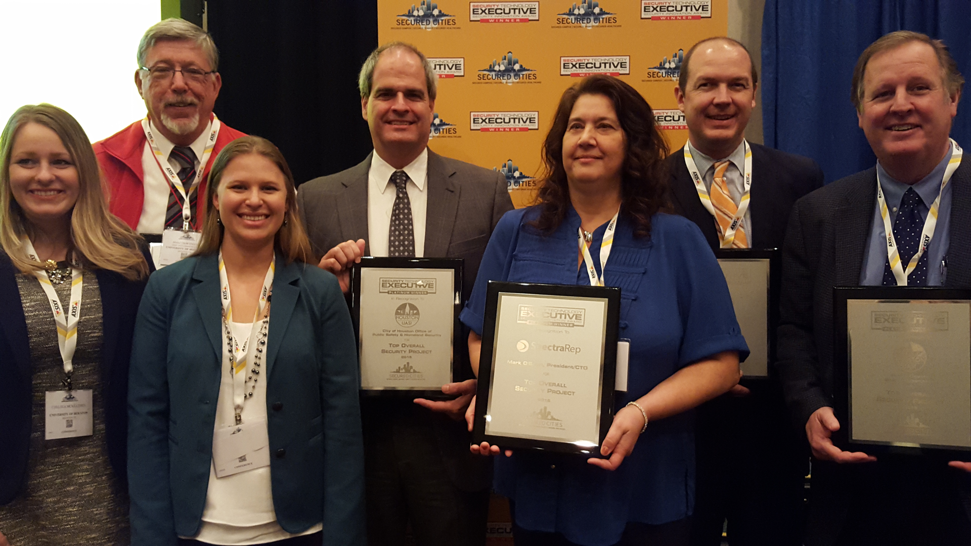 Some of the prime players in the Houston Area UASI District datacasting project and the top winner for the 2015 Security Innovation Awards include: Top Row Left to Right -- Malcom Davis, Asst. Vice President U of H Public Safety, Jack Hanagriff, CIKR Protection Coordinator Houston UASI, and Joshua Adams, Director of Technology Houston Public Media. Bottom Row Left to Right -- Chelsea McKeathen, Emergency Management Specialist, University of Houston, Kelly Boysen, Director of Emergency Management U or H OEM, Peg Faver, President Consolidated Telcom Services, and Carroll Faulkner, CFE Telecom.